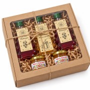 Zestaw prezentowy: 2× malina (gładka) + 1× miód z cytryną (gładka) + 2 miody – pudełko z okienkiem