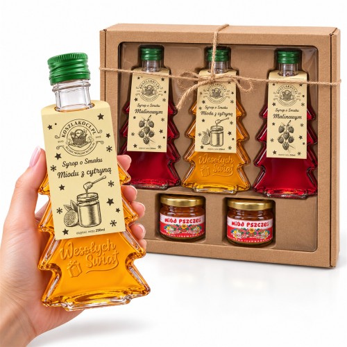 Zestaw prezentowy: 2× malina (gładka) + 1× miód z cytryną (Wesołych Świąt) + 2 miody – miniatura, butelka w dłoni