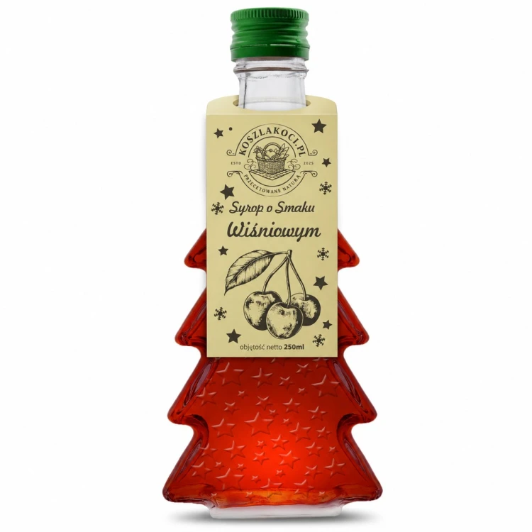 Syrop o smaku wiśnia – butelka choinka 250 ml, wzór gwiazdki (składnik zestawu)