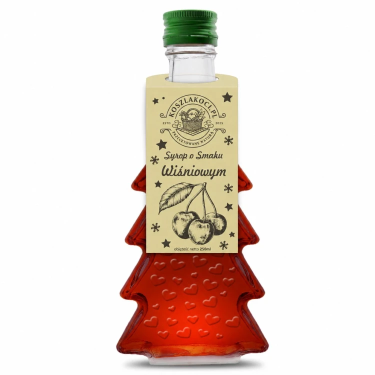 Syrop o smaku wiśnia – butelka choinka 250 ml, wzór serca (składnik zestawu)