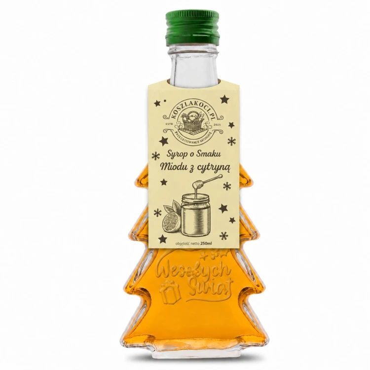 Syrop o smaku miód z cytryną – butelka choinka 250 ml, wzór Wesołych Świąt (składnik zestawu)