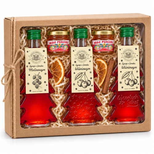 Zestaw na białym tle: Malina gladka, Wisnia gwiazdki, Wisnia wesolych swiat, trzy syropy po 250 ml i dwa miody pszczele.