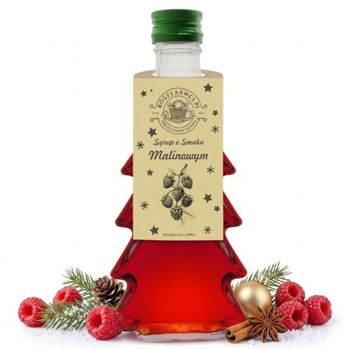 Syrop o smaku malinowym w gładkiej szklanej butelce choince 250 ml – maliny cynamon
