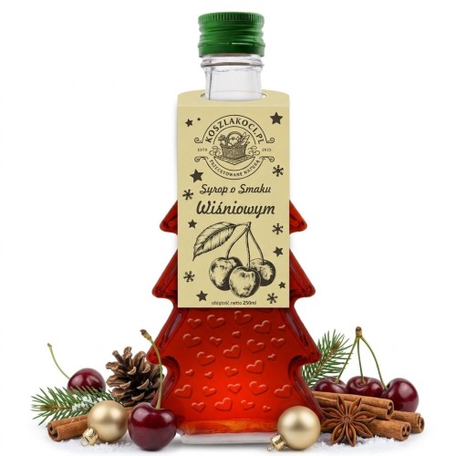 Syrop o smaku wiśniowym w szklanej butelce choince 250 ml w serca – zdjęcie produktowe wiśnie cynamon