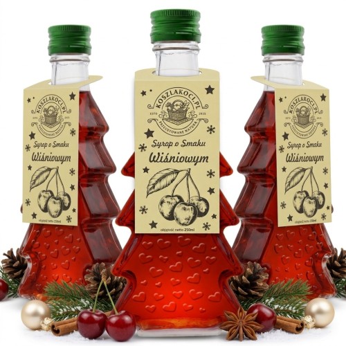 Syrop o smaku wiśniowym w szklanej butelce choince 250 ml w serca – trzy butelki białe tło