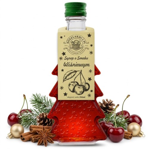 Syrop o smaku wiśniowym w szklanej butelce choince 250 ml w gwiazdki – zdjęcie produktowe wiśnie szyszki