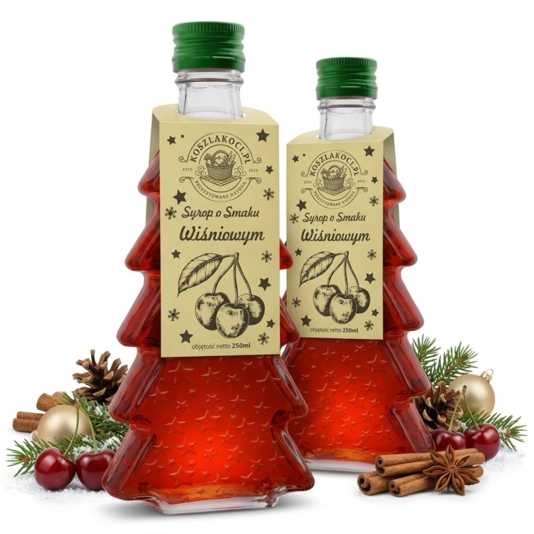Syrop o smaku wiśniowym w szklanej butelce choince 250 ml w gwiazdki – dwie butelki białe tło