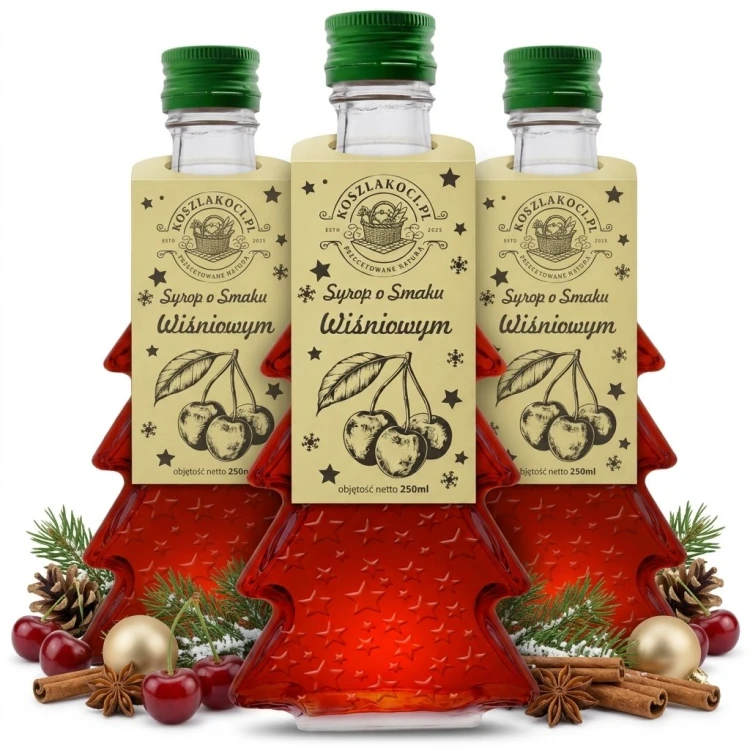 Syrop o smaku wiśniowym w szklanej butelce choince 250 ml w gwiazdki – trzy butelki białe tło