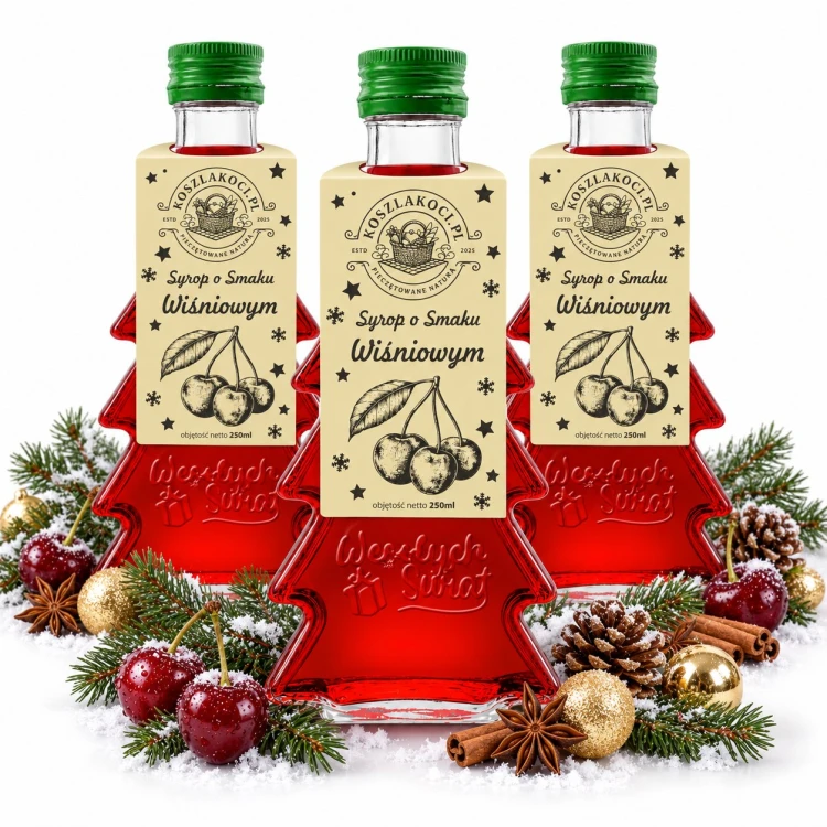 Syrop o smaku wiśniowym w szklanej butelce choince 250 ml z napisem Wesołych Świąt – trzy butelki białe tło