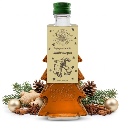 Syrop o smaku imbirowym w szklanej butelce choince 250 ml z napisem Wesołych Świąt – zdjęcie produktowe dekoracje