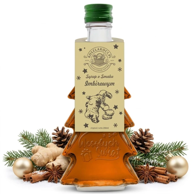 Syrop o smaku imbirowym w szklanej butelce choince 250 ml z napisem Wesołych Świąt – zdjęcie produktowe dekoracje