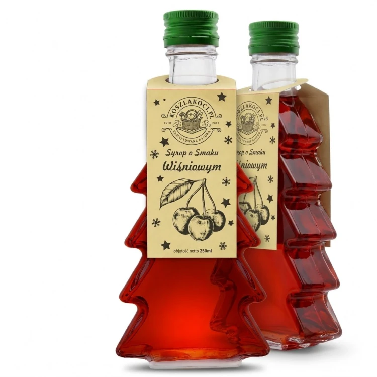 Syrop o smaku wiśniowym w gładkiej szklanej butelce choince 250 ml – dwie butelki białe tło
