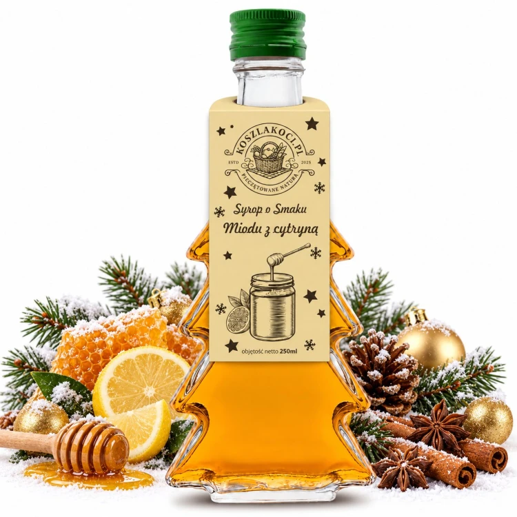 Syrop o smaku miodu z cytryną w gładkiej szklanej butelce choince 250 ml – zdjęcie produktowe miód cytryna