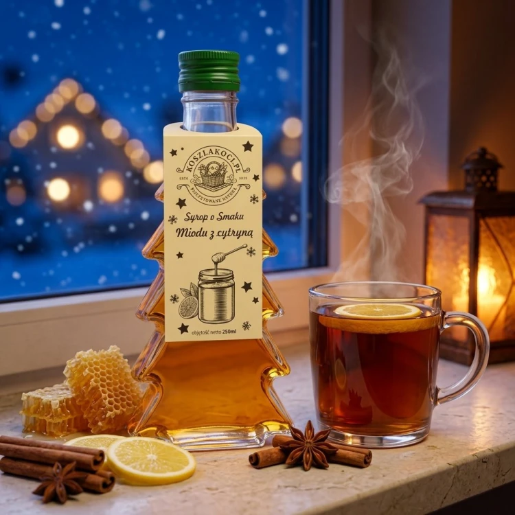 Syrop o smaku miodu z cytryną w gładkiej szklanej butelce choince 250 ml – zimowe okno herbata