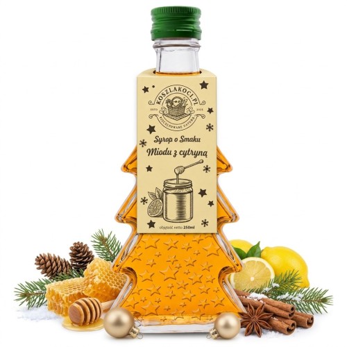 Syrop o smaku miodu z cytryną w szklanej butelce choince 250 ml w gwiazdki – zdjęcie produktowe miód cytryna