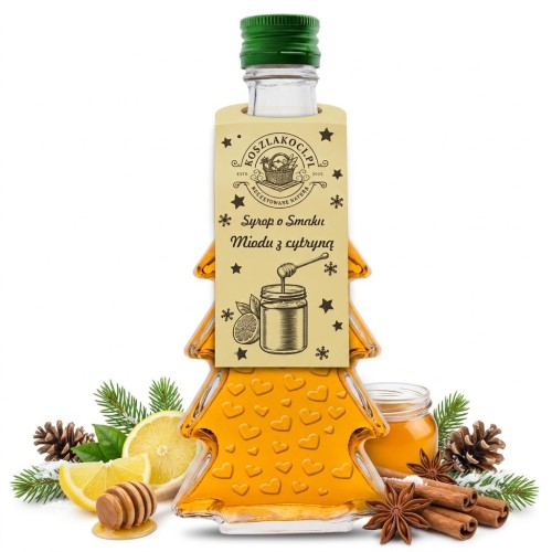Syrop o smaku miodu z cytryną w szklanej butelce choince 250 ml w serca – zdjęcie produktowe miód cytryna