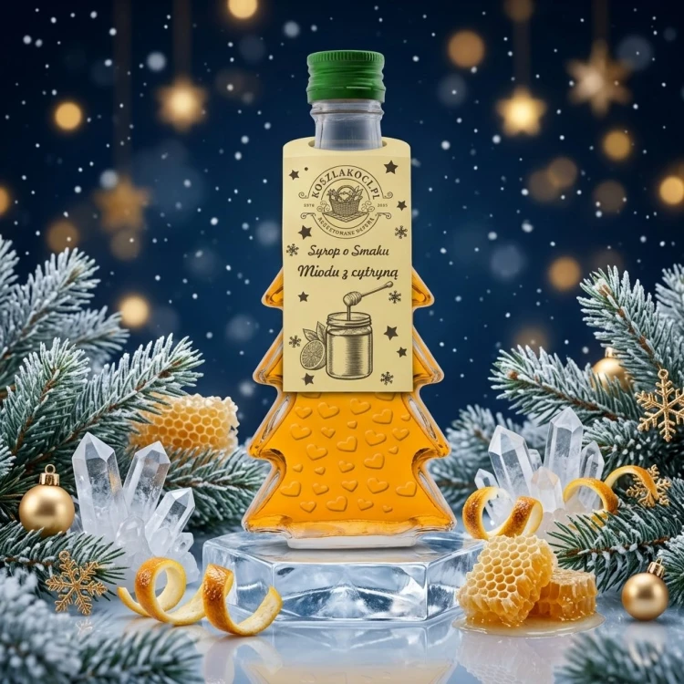 Syrop o smaku miodu z cytryną w szklanej butelce choince 250 ml w serca – lodowe kryształy