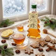 Syrop o smaku miodu z cytryną w szklanej butelce choince 250 ml z napisem Wesołych Świąt – zimowe okno pierniczki