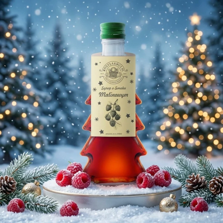 Syrop o smaku malinowym w gładkiej szklanej butelce choince 250 ml – śnieg maliny
