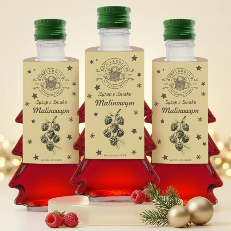 Syrop o smaku malinowym w gładkiej szklanej butelce choince 250 ml – trzy butelki jasne
