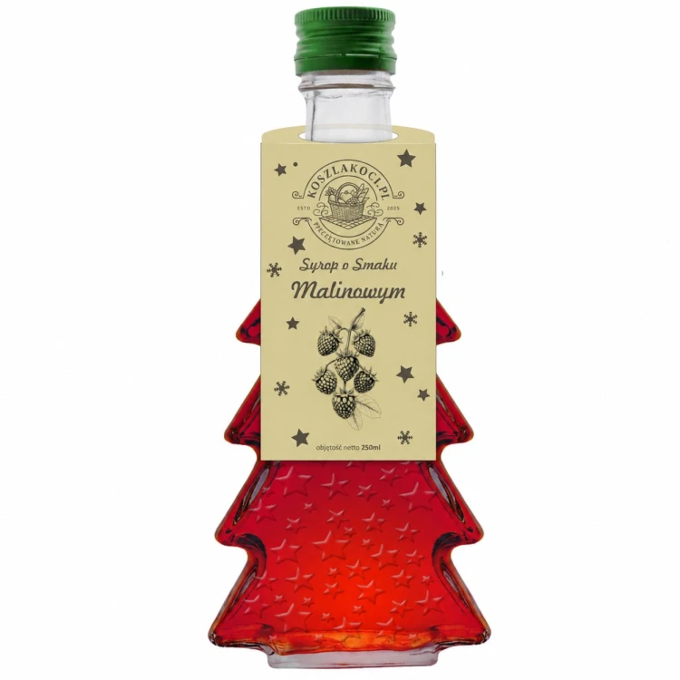 Syrop o smaku malinowym w szklanej butelce choince 250 ml w gwiazdki – zdjęcie produktowe