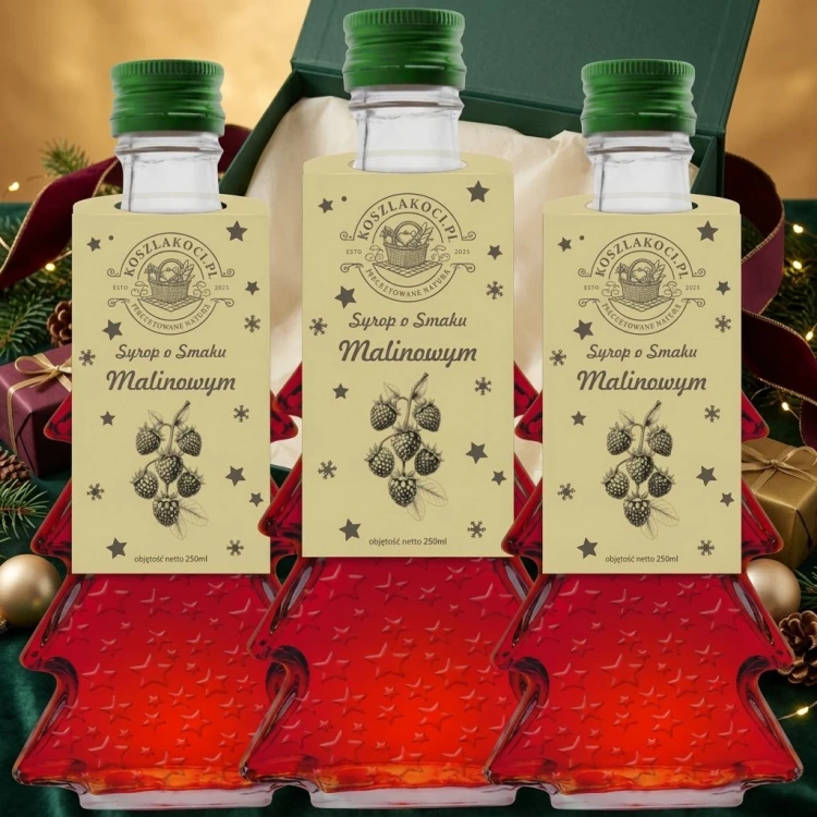 Syrop o smaku malinowym w szklanej butelce choince 250 ml w gwiazdki – trzy butelki pudełko prezentowe