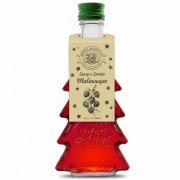 Zestaw 20 syropów o smaku malinowym w butelkach choinkach 250 ml z napisem Wesołych Świąt – zdjęcie produktowe