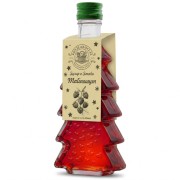 Zestaw 5 syropów o smaku malinowym w butelkach choinkach 250 ml w serca – zdjęcie produktowe ciemne tło