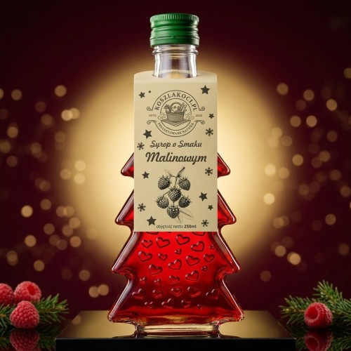 Zestaw 5 syropów o smaku malinowym w butelkach choinkach 250 ml w serca – światło bokeh