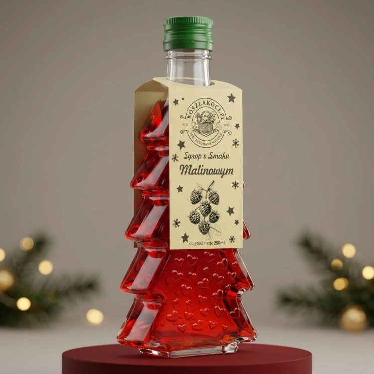 Zestaw 5 syropów o smaku malinowym w butelkach choinkach 250 ml w serca – podium czerwone