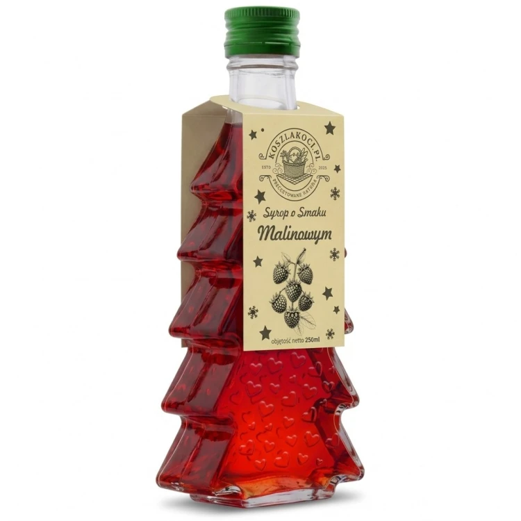 Zestaw 20 syropów o smaku malinowym w butelkach choinkach 250 ml w serca – zdjęcie produktowe jasne tło