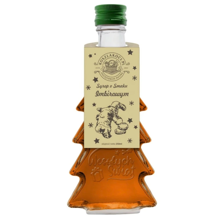 Zestaw 20 syropów o smaku imbirowym w butelkach choinkach 250 ml z napisem Wesołych Świąt – zdjęcie produktowe