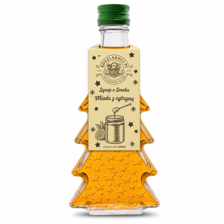 Zestaw 5 syropów o smaku miodu z cytryną w butelkach choinkach 250 ml w gwiazdki – zdjęcie produktowe