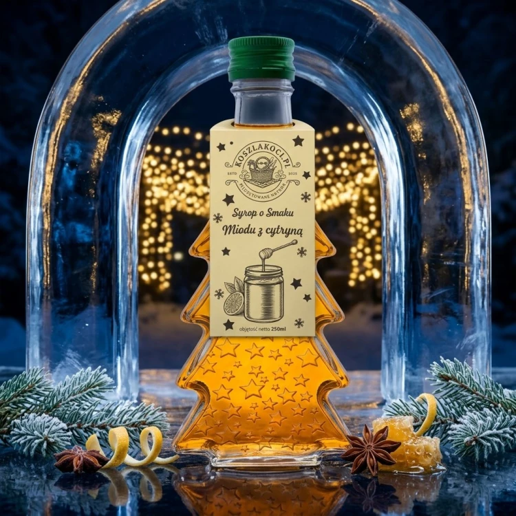 Zestaw 10 syropów o smaku miodu z cytryną w butelkach choinkach 250 ml w gwiazdki – lodowa brama