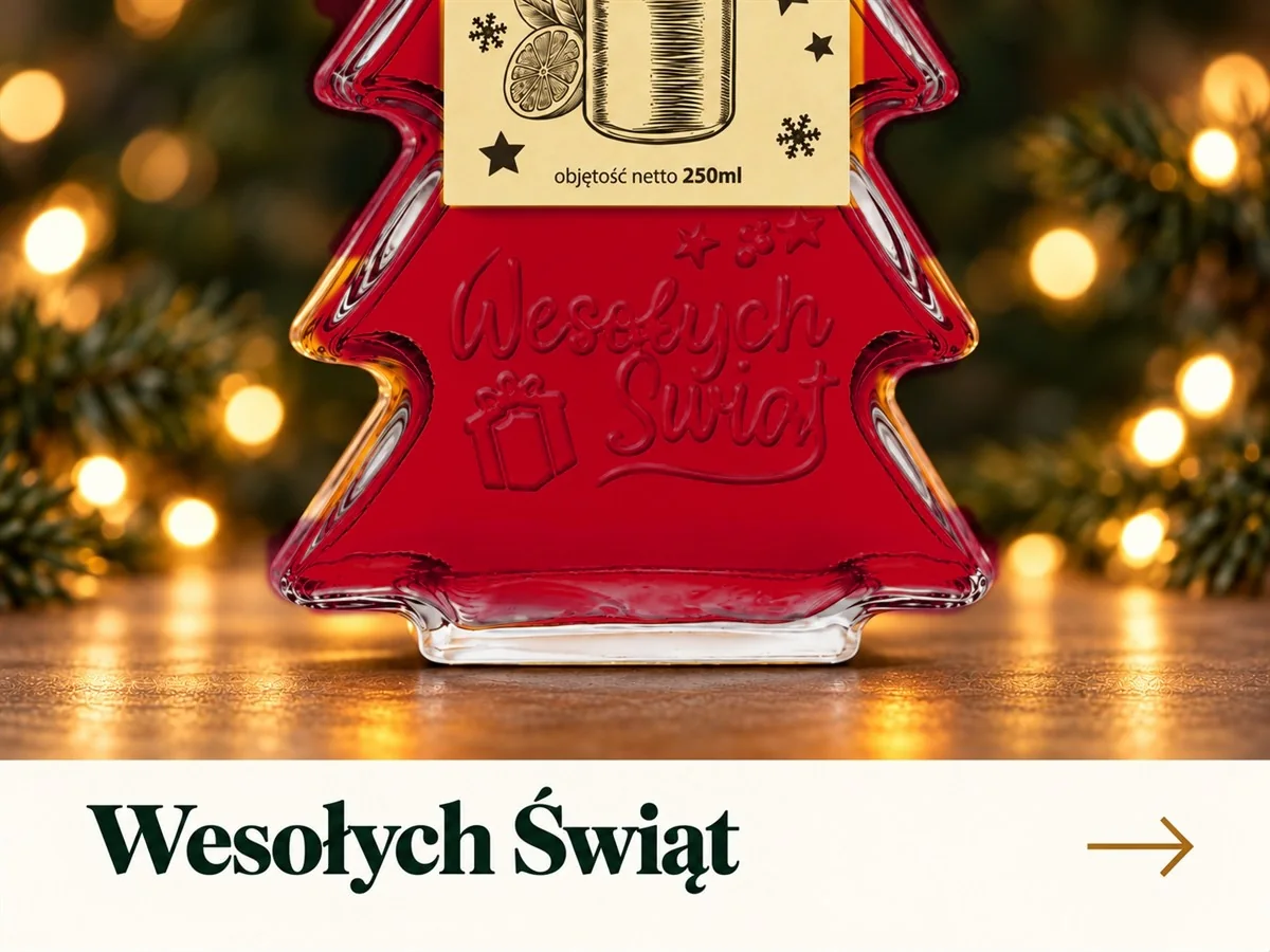 Szklana butelka choinka z napisem Wesołych Świąt 250 ml z syropem o smaku malinowym