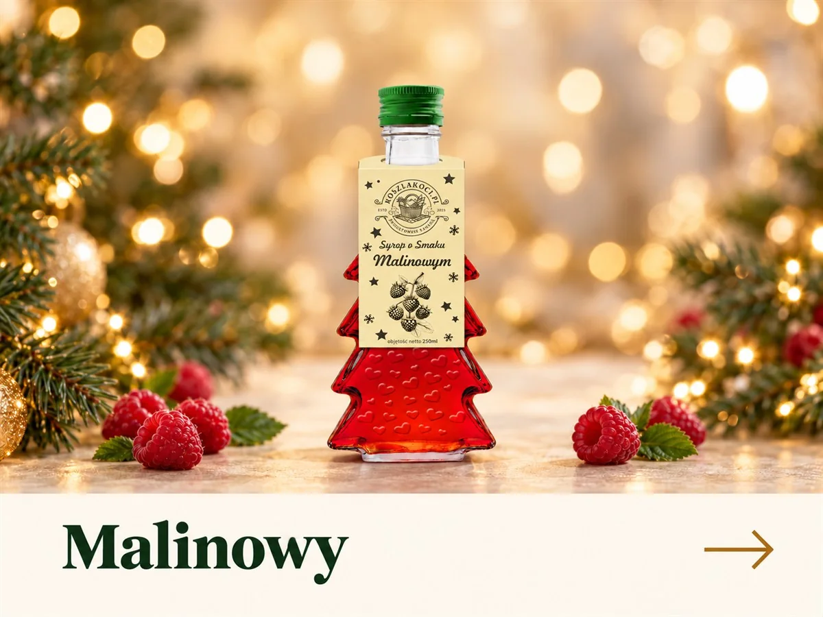 Syrop o smaku malinowym w szklanej butelce choince 250 ml – prezent na święta