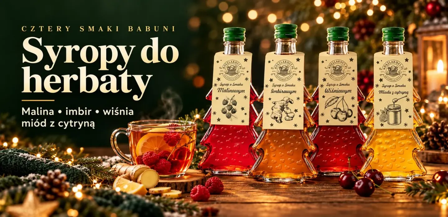 Syropy do herbaty w szklanych butelkach choinkach 250 ml – malina, imbir, wiśnia, miód z cytryną