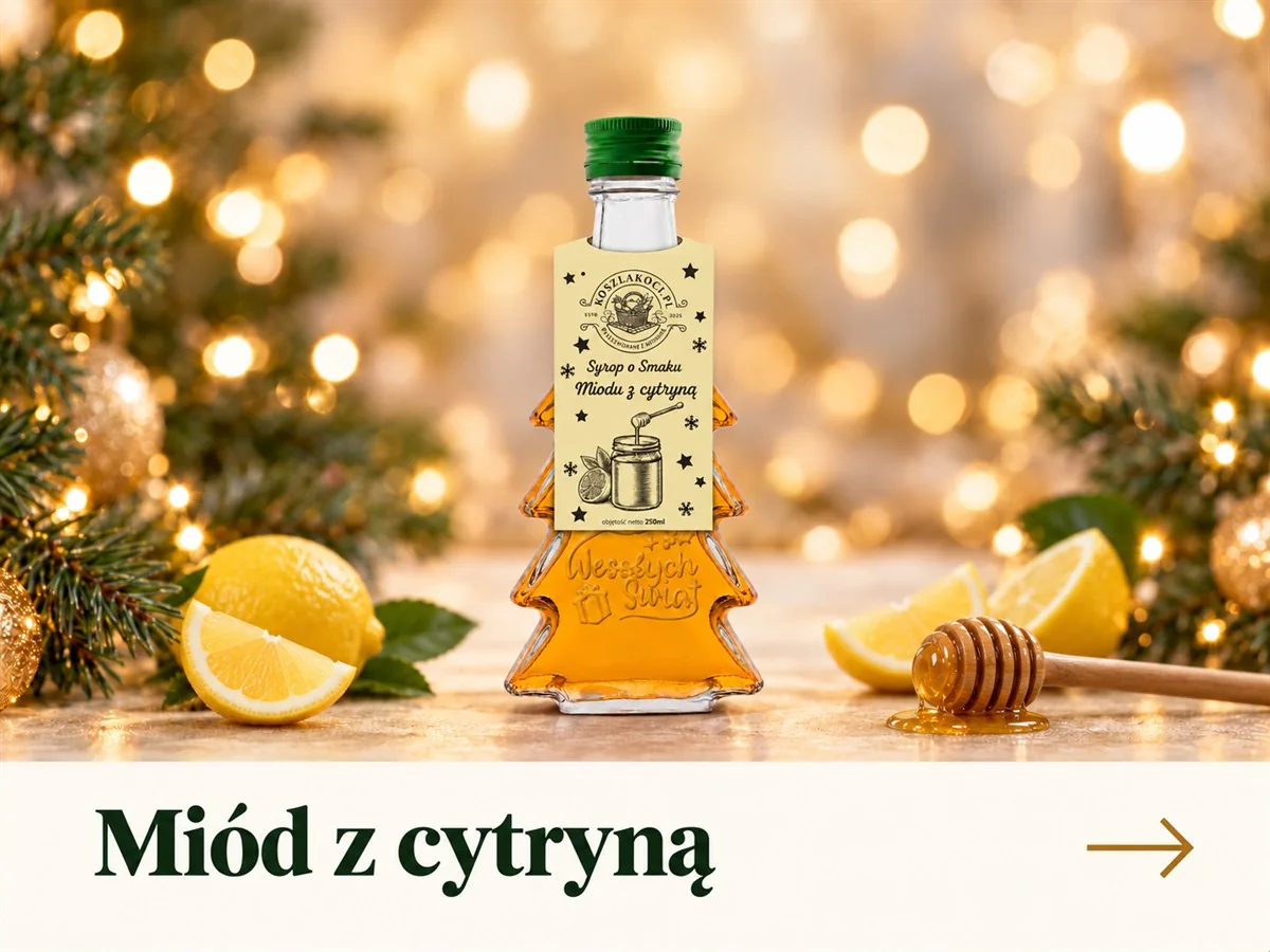 Syrop o smaku miodu z cytryną w szklanej butelce choince 250 ml – prezent na święta