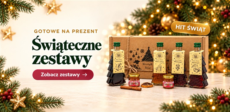 Świąteczne zestawy – syropy w choinkach i miód w pudełku kraft, gotowe na prezent