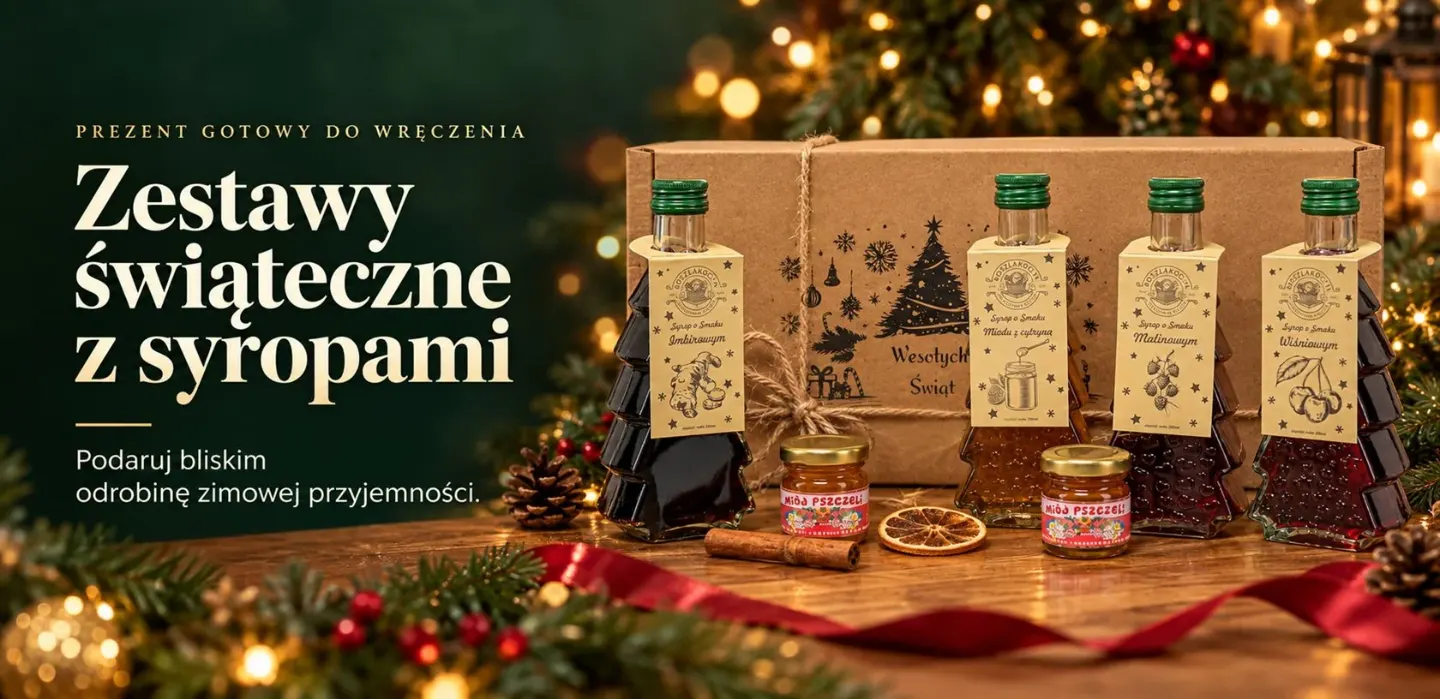 Zestawy świąteczne – syropy w szklanych butelkach choinkach w kartonie prezentowym